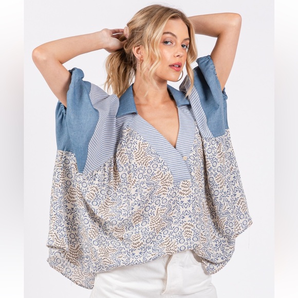 Boho Floral Print Puff Sleeve Tunic Top - Picture 2 of 7